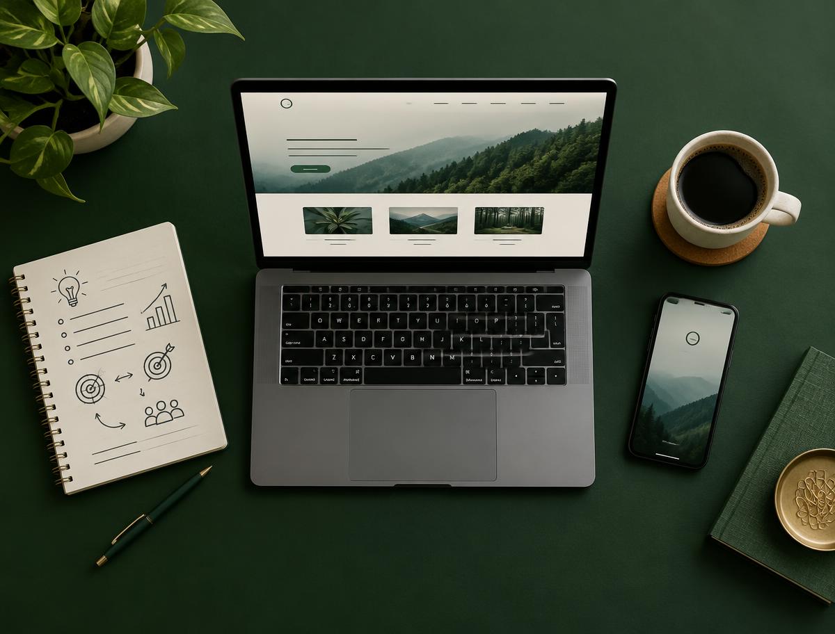 Laptop showing a simple website next to a marketing notebook, phone and coffee